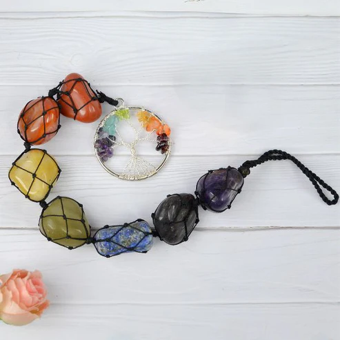 7 Chakra Tumble Stone Hanging with Tree of Life for Car Hanging and Door Hanging 26.6 cm (10.5 inch)